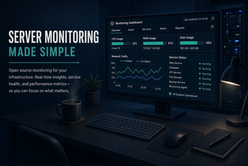 Open source server monitoring dashboard showing CPU memory disk and service uptime on a self hosted screen