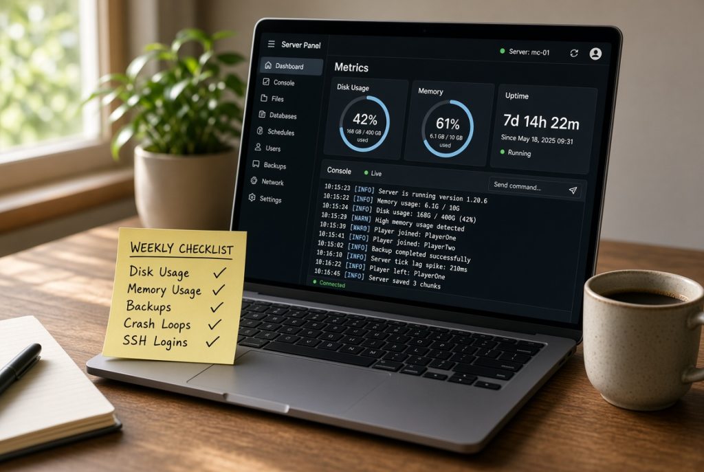 Weekly server check on a laptop with disk graphs beside a handwritten checklist sticky note