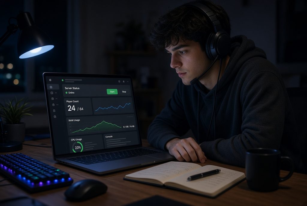 Admin using a game server management panel to check status and player slots