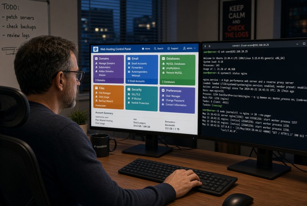 Webmaster comparing a hosting control panel and a terminal on two monitors