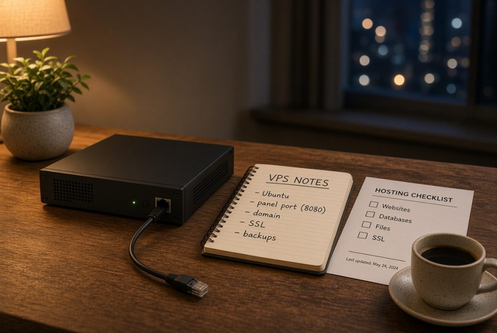 Handwritten VPS notes and a printed hosting panel checklist beside a small server