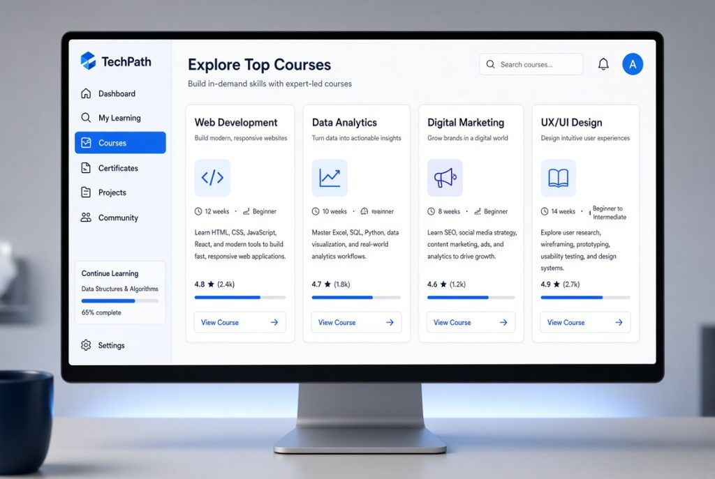Monitor displaying four side-by-side free course cards with different tech icons
