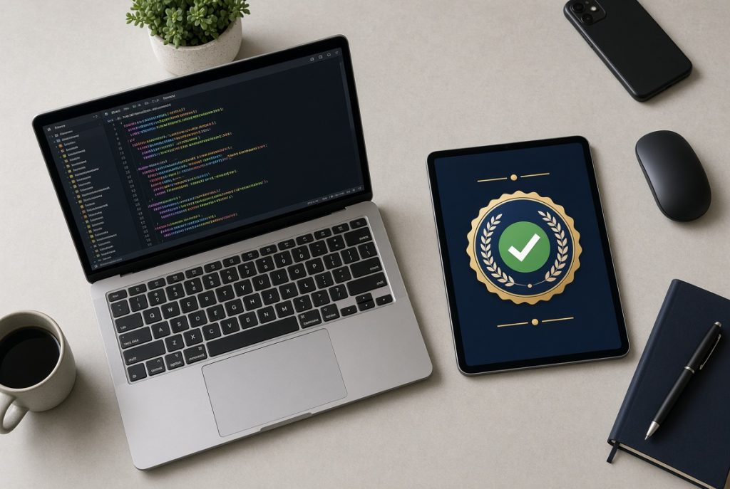 Laptop with code next to a tablet showing a digital free certificate badge