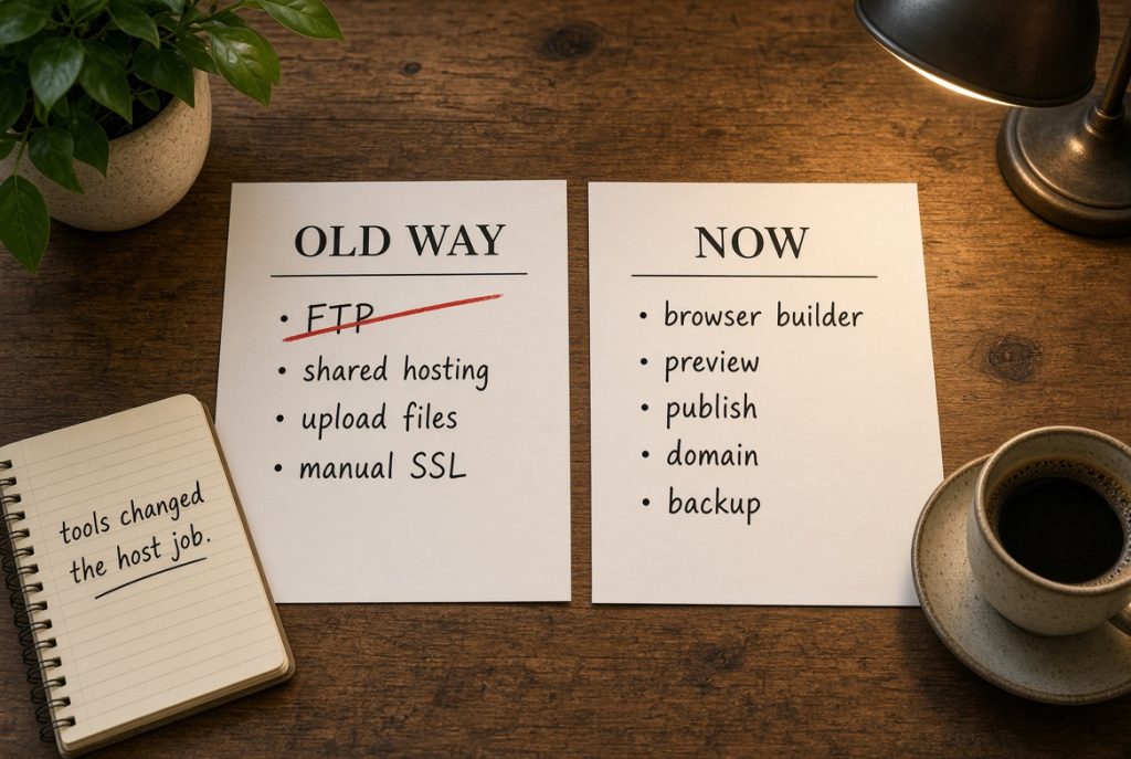 Before and after notes showing old hosting steps replaced by a simple browser publish checklist