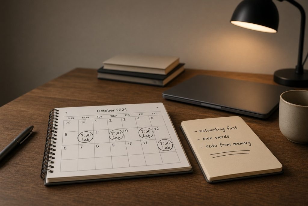 Weekly study plan for cyber labs with a calendar and handwritten notes