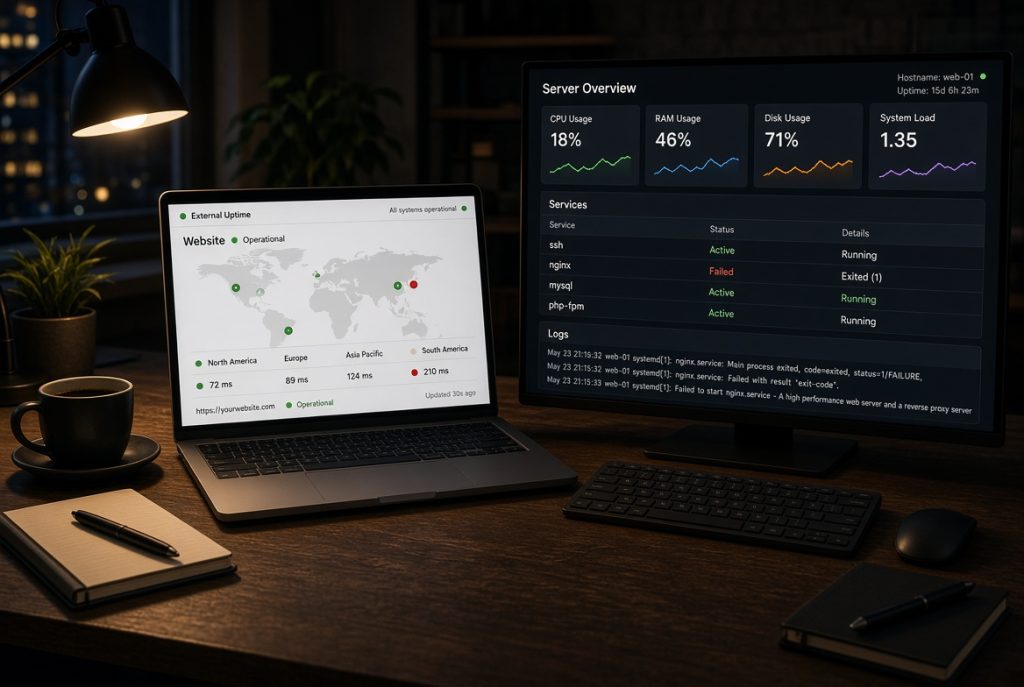 Split desk view of a network path check and a Linux server metrics screen
