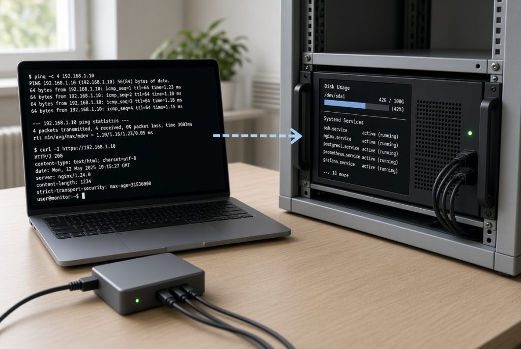 Outside probe hitting a server while an inside agent watches disk and services
