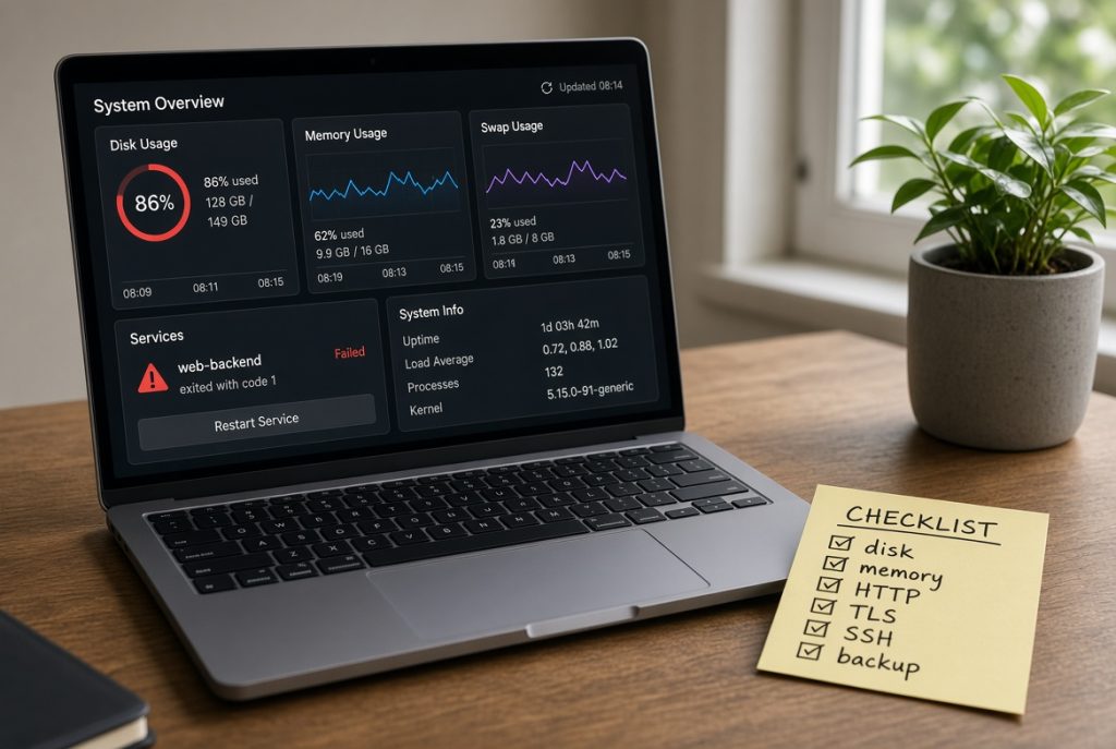 Small Linux VPS checklist on a sticky note beside disk and memory graphs