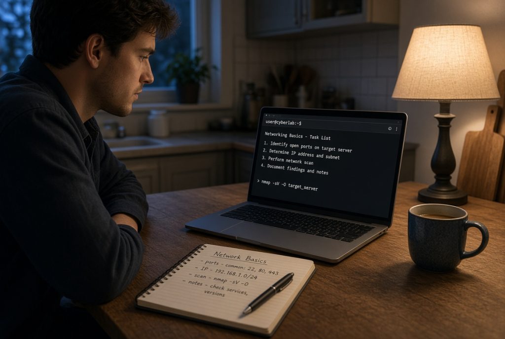 Beginner studying ethical hacking basics on a laptop with notes and a lab checklist
