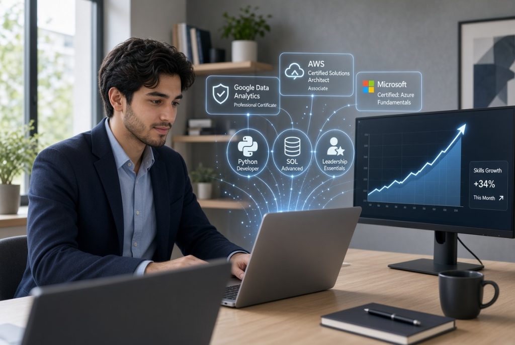 Professional at desk with laptop and floating digital certificates above upward career graph