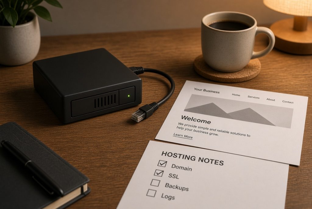 Paper checklist for website hosting next to index cards labeled static site and WordPress