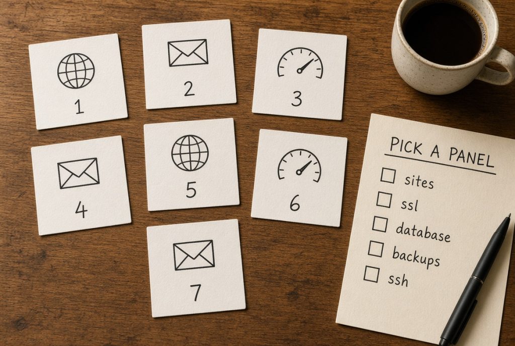 Seven printed panel cards spread on a table next to a paper checklist