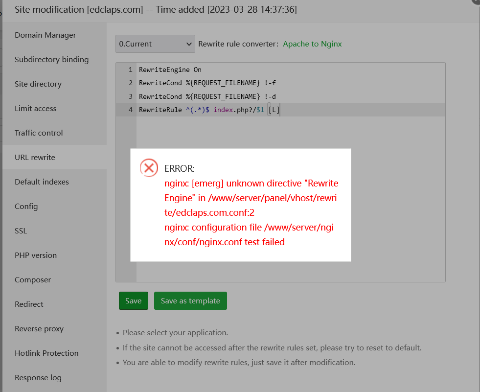 Rewrite failed - aaPanel - Free Hosting control panel. One-click LAMP/LEMP.