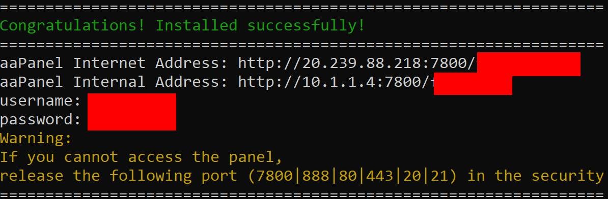 Cannot access link after install aapanel with vps of azure microsoft ...